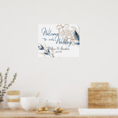 Blue Gold Modern Floral Elegant Wedding Poster (Keuken)