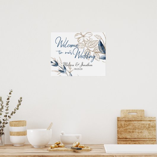 Blue Gold Modern Floral Elegant Wedding Poster (Keuken)