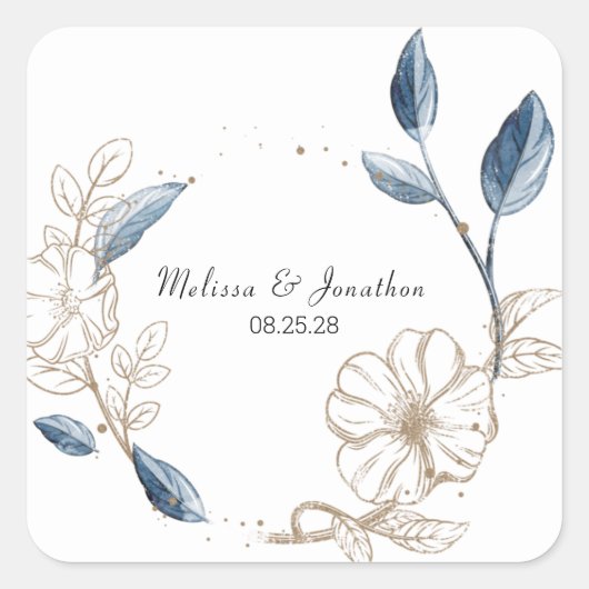 Blue Gold Modern Floral Elegant Wedding Vierkante Sticker (Voorkant)