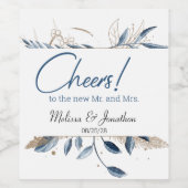 Blue Gold Modern Floral Elegant Wedding Wijn Etiket (Enkel label)