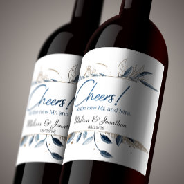 Blue Gold Modern Floral Elegant Wedding Wijn Etiket