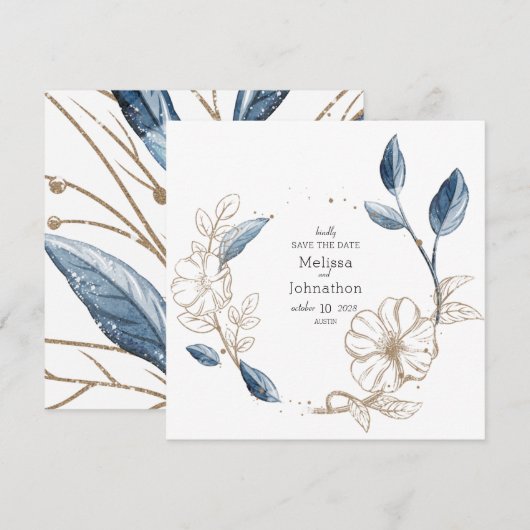 Blue Gold Modern Floral Save The Date (Voorkant / Achterkant)