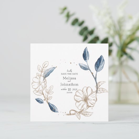 Blue Gold Modern Floral Save The Date (Staand voorkant)