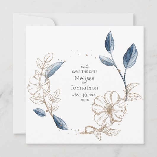 Blue Gold Modern Floral Save The Date (Voorkant)