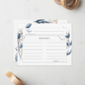 Blue Gold Modern Floral Wedding Recipcard Notitiekaartje (Voorkant / Achterkant in situ)
