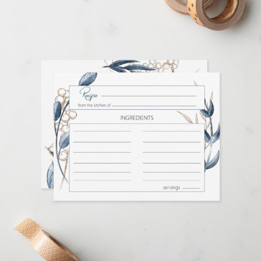 Blue Gold Modern Floral Wedding Recipcard Notitiekaartje (Voorkant / Achterkant in situ)