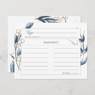 Blue Gold Modern Floral Wedding Recipcard Notitiekaartje