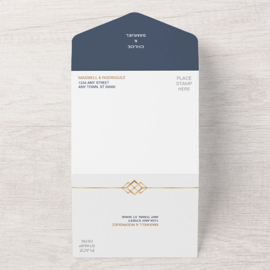 Blue Gold Modern Foto All In One Uitnodiging (Buitenkant)