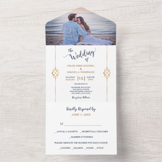 Blue Gold Modern Foto All In One Uitnodiging (Binnen)