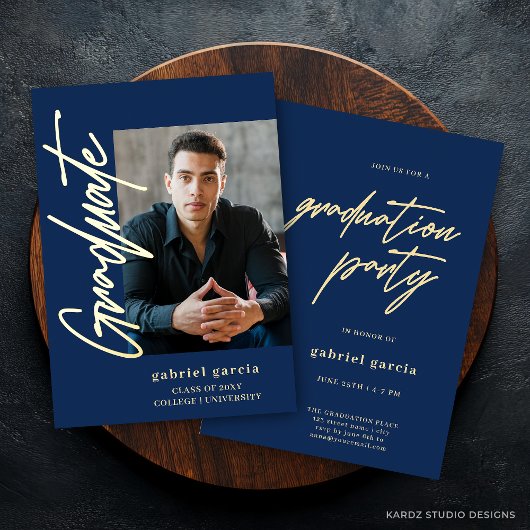 Blue Gold Modern Graduation Invitation Folie Uitnodiging