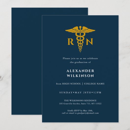 Blue Gold Modern Nurse School Afstuderen Kaart (Voorkant / Achterkant)