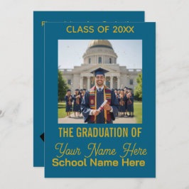 Blue Gold Modern Photo Class Graduation Invitation Feestdagenkaart