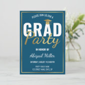 Blue & Gold Modern Script Graduation Party Kaart (Staand voorkant)