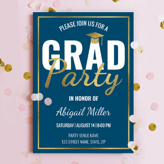 Blue & Gold Modern Script Graduation Party Kaart