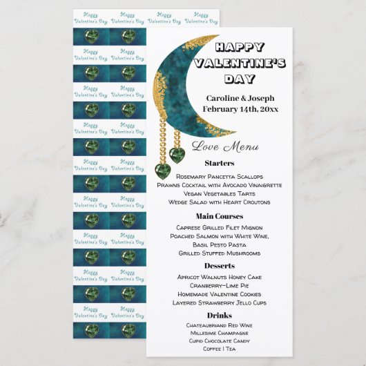 Blue Gold Moon Green Heart Jewels Valentijn Day Menu (Voorkant / Achterkant)