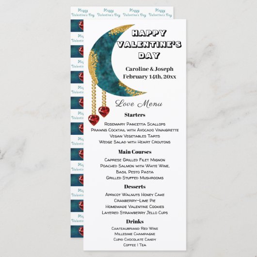 Blue Gold Moon Red Heart Jewels Valentijn Day Menu (Voorkant / Achterkant)