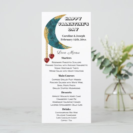 Blue Gold Moon Red Heart Jewels Valentijn Day Menu (Staand voorkant)