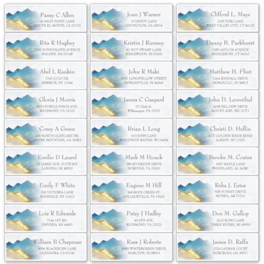 Blue Gold Mountains Wedding Guest Address Sticker (Voorkant)
