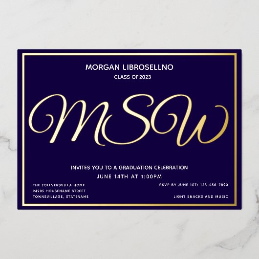 Blue Gold MSW Afstuderen Folie Uitnodiging (Voorkant)
