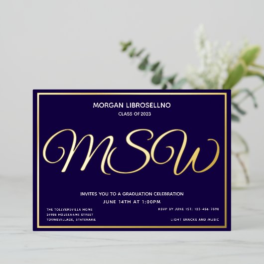 Blue Gold MSW Afstuderen Folie Uitnodiging (Staand Voorkant)