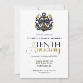 Blue Gold Nautical Anchor 10th Wedding Anniversary Kaart (Voorkant)