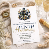 Blue Gold Nautical Anchor 10th Wedding Anniversary Kaart