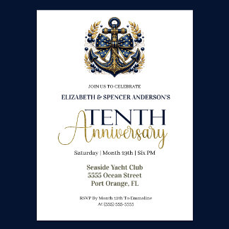 Blue Gold Nautical Anchor 10th Wedding Anniversary Kaart