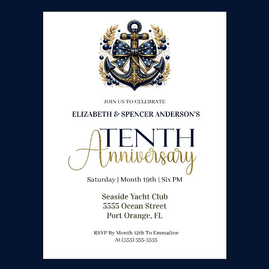 Blue Gold Nautical Anchor 10th Wedding Anniversary Kaart