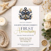 Blue Gold Nautical Anchor 1st Wedding Anniversary Kaart