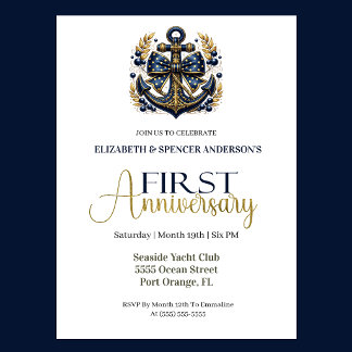 Blue Gold Nautical Anchor 1st Wedding Anniversary Kaart