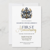 Blue Gold Nautical Anchor 1st Wedding Anniversary Kaart (Voorkant)