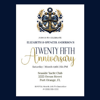 Blue Gold Nautical Anchor 25th Wedding Anniversary Kaart
