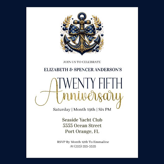 Blue Gold Nautical Anchor 25th Wedding Anniversary Kaart