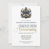 Blue Gold Nautical Anchor 25th Wedding Anniversary Kaart (Voorkant)