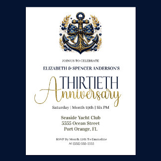 Blue Gold Nautical Anchor 30th Wedding Anniversary Kaart