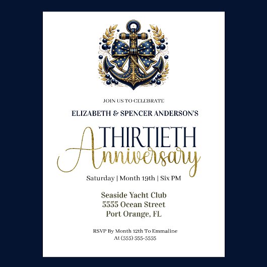 Blue Gold Nautical Anchor 30th Wedding Anniversary Kaart