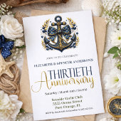 Blue Gold Nautical Anchor 30th Wedding Anniversary Kaart