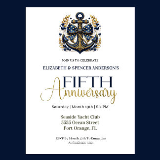 Blue Gold Nautical Anchor 5th Wedding Anniversary Kaart