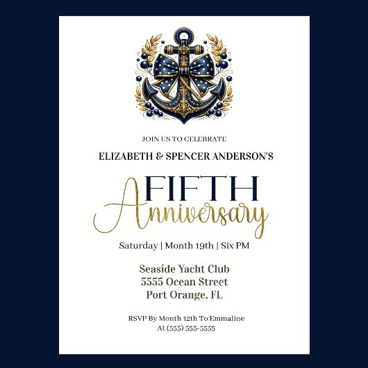 Blue Gold Nautical Anchor 5th Wedding Anniversary Kaart