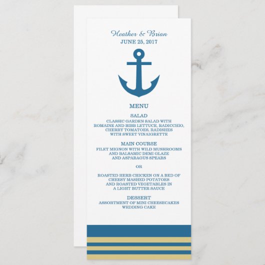 Blue Gold Nautical Anchor Wedding Menu (Voorkant / Achterkant)