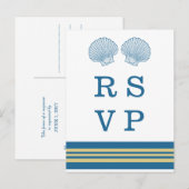 Blue Gold Nautical Seashells RSVP Briefkaart (Voorkant / Achterkant)