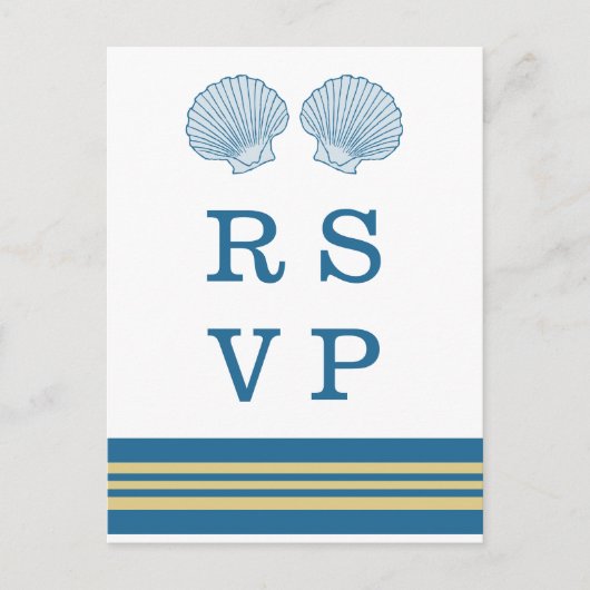 Blue Gold Nautical Seashells RSVP Briefkaart (Voorkant)
