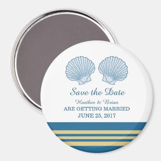 Blue Gold Nautical Seashells Save the Date Magnet (Voorkant / Achterkant)