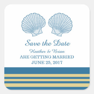 Blue Gold Nautical Seashells Save the Date Vierkante Sticker