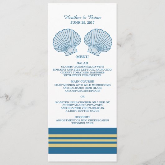 Blue Gold Nautical Seashells Weddenschap Menu (Voorkant)