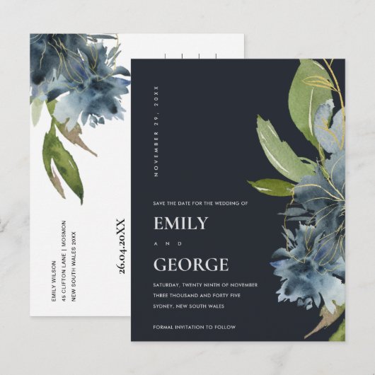 BLUE GOLD NAVY FLORAL WATERVERF BEWAREN DE DATUM AANKONDIGINGSKAART (Voorkant / Achterkant)