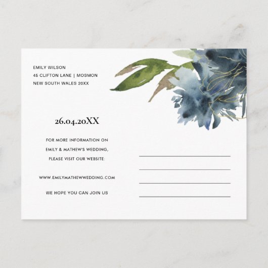 BLUE GOLD NAVY FLORAL WATERVERF BEWAREN DE DATUM AANKONDIGINGSKAART (Achterkant)