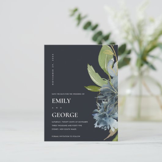 BLUE GOLD NAVY FLORAL WATERVERF BEWAREN DE DATUM AANKONDIGINGSKAART (Staand voorkant)