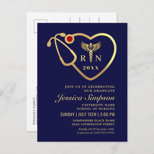 Blue Gold Nursing Afstuderen Invitation Briefkaart (Voorkant / Achterkant)
