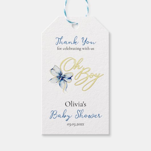 Blue & Gold “Oh Boy” Floral Typography Baby Shower Cadeaulabel (Voorkant)